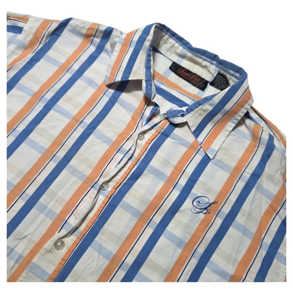 SouthPole Mens XL Striped Button Down Shirt Blue Orange Y2K Hip Hop Streetwear